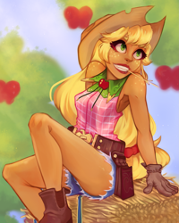 Size: 1717x2146 | Tagged: safe, artist:iffyisjustice, applejack, human, g4, apple, apple tree, belt, book, boots, clothes, denim, denim shorts, female, gloves, grin, hay bale, humanized, pony coloring, shirt, shoes, shorts, sleeveless, sleeveless shirt, smiling, solo, straw in mouth, tree