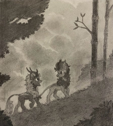 Size: 1790x1996 | Tagged: safe, artist:bluefeathercat, kirin, duo, looking at each other, looking at someone, monochrome, pencil drawing, smiling, traditional art, walking