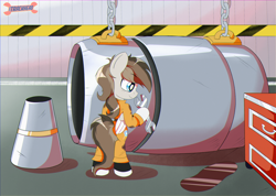 Size: 2500x1782 | Tagged: safe, artist:trackheadtherobopony, oc, pegasus, semi-anthro, hangar, jet engine, repair, solo, wrench