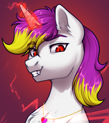 Size: 2652x3000 | Tagged: safe, artist:nika-rain, oc, oc:exo inforno, pony, undead, unicorn, vampire, vampony, bust, horn, magic, male, portrait, red eyes, simple background, sketch, solo