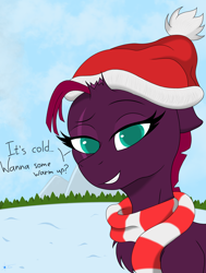 Size: 3100x4100 | Tagged: safe, artist:anix_space, tempest shadow, unicorn, g4, broken horn, bust, clothes, hat, horn, portrait, scarf, solo, text, winter