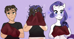 Size: 1769x940 | Tagged: safe, artist:mudakura, rarity, human, anthro, g4, clothes, dazed, female, heart, heart eyes, human to anthro, male, towel, transformation, transformation sequence, transforming clothes, transgender transformation, wingding eyes, wiping