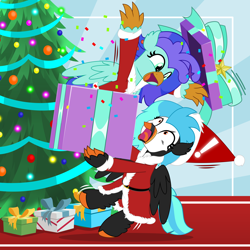 Size: 5000x5000 | Tagged: safe, artist:jhayarr23, oc, oc only, oc:icebeak, oc:sea lilly, classical hippogriff, hippogriff, christmas, christmas tree, clothes, commission, costume, exclamation point, hat, holiday, indoors, ornament, present, santa costume, santa hat, surprised, tree, ych result