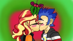 Size: 1920x1080 | Tagged: safe, artist:vanillawaffer3000, flash sentry, sunset shimmer, equestria girls, g4, female, kissing, male, mistletoe, ship:flashimmer, shipping, straight