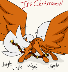 Size: 3000x3200 | Tagged: safe, artist:drog, oc, oc:orange cream, pegasus, pony, g4, my little pony: friendship is magic, bells, christmas, eyes closed, holiday, jingle bells, mouth hold, onomatopoeia, shaking, spread wings, wings