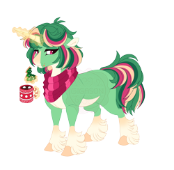 Size: 4500x4400 | Tagged: safe, artist:gigason, oc, oc only, oc:bay leaf, pony, unicorn, absurd resolution, adoptable, blank flank, blaze (coat marking), chewing, chocolate, christmas cookies, clothes, coat markings, coffee mug, colored, colored belly, colored hooves, colored horn, colored pinnae, colored pupils, cookie, crack ship offspring, crumbs, drink, ear fluff, eating, eyelashes, facial markings, fetlock tuft, flat colors, floppy ears, fluffy mane, fluffy tail, food, food on face, glowing, glowing horn, gradient legs, green coat, green mane, green tail, hooves, horn, hot chocolate, lidded eyes, looking back, looking down, magenta pupils, magic, mug, multicolored mane, multicolored tail, nonbinary, nonbinary oc, obtrusive watermark, offspring, orange hooves, orange magic, pale belly, parent:clover the clever, parent:cup cake, pink eyes, scarf, short mane, simple background, socks (coat markings), solo, sparkles, standing, striped horn, striped scarf, tail, telekinesis, three quarter view, transparent background, unicorn oc, watermark