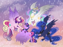 Size: 2048x1535 | Tagged: safe, artist:rey_r4y, princess cadance, princess celestia, princess luna, twilight sparkle, alicorn, pony, alicorn tetrarchy, female, flying, group, mare, open mouth, quartet, smiling, sparkles, twilight sparkle (alicorn)