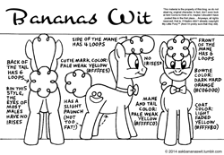 Size: 1000x693 | Tagged: safe, artist:mod wit, oc, oc:bananas wit, earth pony, askbananaswit, belly, black and white, bowtie, character design, color, colors, copyright, cutie mark, disclaimer, do not steal, earth pony oc, eye, eyes, full body, grayscale, hex, hexadecimal, male, mane, monochrome, original character do not steal, reference sheet, stallion, stallion oc, tail, yellow coat, yellow mane, yellow tail