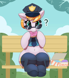 Size: 3178x3584 | Tagged: safe, artist:pabbley, copper top, earth pony, pony, art pack:ponies on patrol, g4, belly, belly button, clothes, cute, donut, eating, female, food, hat, looking at you, mare, necktie, police, question mark, solo, sunglasses