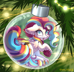 Size: 2400x2330 | Tagged: safe, alternate character, alternate version, artist:yuris, oc, oc only, pegasus, pony, advertisement, ball, bauble, christmas, christmas ornament, christmas tree, commission, cute, decoration, frog (hoof), garland, glass, holiday, looking at you, looking back, micro, multi ych "christmas ball", not zipp storm, open mouth, sitting, solo, tree, underhoof, ych result, your character here