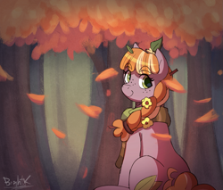 Size: 1859x1583 | Tagged: safe, artist:bkiltersot, oc, oc only, oc:pumpkin cupcake, earth pony, pony, autumn, braid, clothes, cute, earth pony oc, female, female oc, filly, flower, flower in hair, foal, forest, green eyes, leaves, leaves in hair, looking at you, nature, raffle prize, scarf, sitting, solo, tree