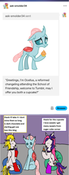 Size: 1180x2994 | Tagged: safe, artist:ask-luciavampire, ocellus, oc, oc:megumi nightsky, oc:rika sunrise, changeling, pony, undead, vampire, vampony, g4, ask, cupcake, food, implied sugarcube corner, tumblr, tumblr:ask-megumiandrika