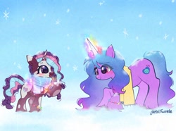 Size: 2048x1527 | Tagged: safe, artist:petaltwinkle, izzy moonbow, violette rainbow, pony, unicorn, g5, adversarial noise, blushing, bracelet, clothes, cute, duo, duo female, female, filly, foal, friendship bracelet, glowing, glowing horn, horn, izzybetes, jewelry, magic, magic aura, mare, open mouth, open smile, raised hoof, scarf, smiling, snow, snowfall, snowflake, tail, unshorn fetlocks, violettebetes, vitiligo