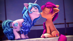 Size: 3840x2160 | Tagged: safe, artist:psfmer, izzy moonbow, sunny starscout, earth pony, pony, unicorn, g5, bracelet, cute, daaaaaaaaaaaw, dock, duo, duo female, eyes closed, female, horn, imminent kissing, jewelry, lesbian, mare, nose to nose, nuzzling, ship:moonscout, shipping, sitting, tail, unshorn fetlocks