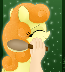 Size: 3016x3319 | Tagged: safe, artist:rainbowšpekgs, carrot top, golden harvest, earth pony, human, pony, g4, brush, cute, cutie top, daaaaaaaaaaaw, eyes closed, female, hand, happy, mare, offscreen character, pov, sitting, smiling, sweet dreams fuel