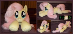 Size: 6344x2992 | Tagged: safe, artist:calusariac, fluttershy, pegasus, pony, g4, folded wings, irl, lying down, multiple views, photo, plushie, prone, solo, wings