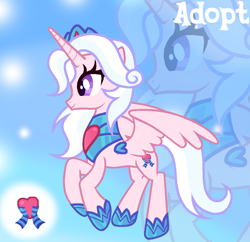 Size: 1156x1120 | Tagged: safe, artist:vi45, oc, oc only, alicorn, pony, adoptable, alicorn oc, base used, big eyes, crown, eyelashes, female, female oc, flying, hoof shoes, horn, jewelry, mare, mare oc, partially open wings, peytral, pink coat, pixel-crisp art, princess shoes, profile, purple eyes, regalia, smiling, solo, tail, two toned mane, two toned tail, unicorn horn, wing jewelry, wings, zoom layer