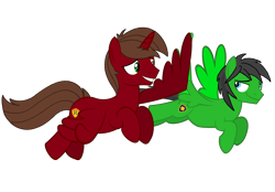 Size: 2920x2036 | Tagged: safe, artist:rogan140, oc, oc:rogan, oc:star armour, alicorn, g4, alicorn oc, flying, high five, horn, male, simple background, transparent background, vector, wings