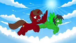 Size: 1920x1080 | Tagged: safe, artist:rogan140, oc, oc only, oc:rogan, alicorn, pegasus, pony, g4, cloud, flying, high five, male, sky, stallion