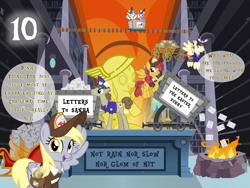 Size: 1440x1080 | Tagged: safe, artist:bronybyexception, appointed rounds, care package, derpy hooves, parcel post, post haste, rainy day, special delivery, sunny delivery, g4, advent calendar, christmas, discworld, easter, going postal, hat, hermes, holiday, mail, mailmare, mailmare hat, mailmare uniform, minecart, post office, statue, vector used