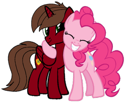 Size: 680x554 | Tagged: safe, artist:rogan140, pinkie pie, oc, oc:rogan, alicorn, earth pony, g4, alicorn oc, female, horn, hug, male, simple background, transparent background, vector, wings