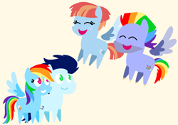 Size: 3553x2499 | Tagged: safe, anonymous artist, derpibooru exclusive, bow hothoof, rainbow dash, soarin', windy whistles, pegasus, pony, series:soarindash romantic tales, g4, eyes closed, female, flying, happy, male, mare, pointy ponies, ship:soarindash, ship:windyhoof, shipping, smiling, stallion, straight