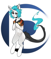 Size: 689x792 | Tagged: safe, artist:devi_shade, oc, oc only, pony, unicorn, abstract background, black sclera, clothes, horn, leonine tail, red eyes, slit pupils, solo, tail