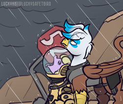 Size: 4500x3800 | Tagged: safe, artist:luckynb, oc, oc:henrietta firebright, oc:puppysmiles, earth pony, griffon, fallout equestria, earth pony oc, griffon oc, meme, rain, serious, serious face, silly face, vegeta in the rain