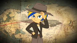 Size: 1280x720 | Tagged: safe, artist:mlpfan3991, oc, oc:flare spark, human, equestria girls, g4, archaeologist, clothes, cosplay, costume, fedora, female, flare spark is best facemaker, hat, indiana jones, map, outfit, plane, smiling, smirk, solo