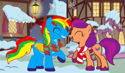 Size: 1820x1065 | Tagged: safe, artist:star-armour95, sunny starscout, oc, oc:shield wing, alicorn, earth pony, g5, alicorn oc, clothes, female, horn, male, ponyville, scarf, wings, winter