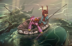 Size: 3376x2205 | Tagged: safe, artist:devi_shade, oc, oc only, deer, earth pony, pony, antlers, boat, clothes, duo, fishing, fishing rod, glasses, hat, male, monster, shirt, unshorn fetlocks