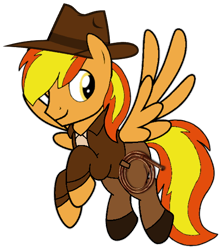 Size: 514x579 | Tagged: safe, artist:noi kincade, oc, oc only, oc:firey ratchet, pegasus, g4, clothes, costume, fedora, hat, indiana jones, male, rope, simple background, smiling, solo, transparent background