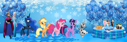 Size: 1500x500 | Tagged: safe, artist:lizzmcclin, applejack, pinkie pie, princess luna, twilight sparkle, alicorn, g4, anna (frozen), balloon, cake, cookie, cupcake, disney, disney princess, drink, elsa, female, food, frozen (movie), milkshake, olaf, party, snow, snowman, twilight sparkle (alicorn)