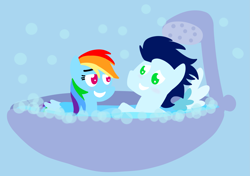 Size: 3553x2499 | Tagged: safe, anonymous artist, derpibooru exclusive, rainbow dash, soarin', pegasus, pony, series:soarindash romantic tales, bath, blushing, female, looking at each other, looking at someone, male, mare, pointy ponies, ship:soarindash, shipping, smiling, smiling at each other, stallion, straight