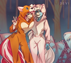 Size: 2205x1968 | Tagged: safe, artist:devi_shade, oc, oc only, anthro, duo, female, forest, nature, onesie, peace sign, tree