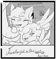 Size: 1131x1200 | Tagged: safe, artist:frostedscales, oc, oc only, oc:aero sky, oc:neona nitro, pegasus, pony, fallout equestria, female, grayscale, mare, monochrome