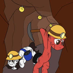 Size: 900x900 | Tagged: safe, artist:unitxxvii, oc, oc only, oc:talim, earth pony, pony, unicorn, bag, bipedal, coal miner, dirty, duo, duo male and female, female, frown, helmet, horn, lidded eyes, male, mare, mine, mining helmet, pickaxe, saddle bag, stallion