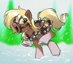 Size: 3300x2882 | Tagged: safe, artist:opalacorn, earth pony, pony, blaze (coat marking), bridle, coat markings, commission, eye clipping through hair, facial markings, female, harness, jingle bells, mare, open mouth, open smile, ponified, running, sergeant reckless, smiling, snow, snowfall, solo, tack, winter