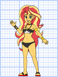 Size: 828x1089 | Tagged: safe, artist:superaaronawesome, sunset shimmer, human, alternate design, arm band, bikini, bracelet, breasts, busty sunset shimmer, choker, cleavage, clothes, female, jewelry, sandals, solo, sunset shimmer's beach shorts swimsuit, swimsuit