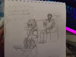 Size: 2048x1536 | Tagged: safe, artist:mcsplosion, oc, oc only, human, pony, unicorn, candy, eating, food, horn, human to pony, pawn stars, sitting on person, sketch, traditional art, transformation, watching tv