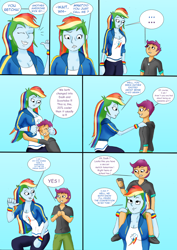 Size: 1920x2709 | Tagged: safe, artist:tf-plaza, rainbow dash, scootaloo, human, equestria girls, g4, ..., age regression, comic, dialogue, duo, female, phone, piggyback ride, speech bubble, transformation, transgender transformation, younger