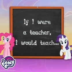 Size: 1080x1080 | Tagged: safe, gameloft, pinkie pie, rarity, earth pony, pony, unicorn, g4, chalkboard, horn