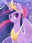 Size: 3105x4086 | Tagged: safe, artist:star-bright-ofc, twilight sparkle, alicorn, pony, g4, abstract background, bust, crown, cutie mark background, ethereal mane, eye clipping through hair, eyebrows, eyebrows visible through hair, eyelashes, female, jewelry, long mane, looking at you, mare, older, older twilight, older twilight sparkle (alicorn), one wing out, partially open wings, peytral, portrait, princess twilight 2.0, regalia, slender, smiling, smiling at you, solo, starry mane, tall, thin, twilight sparkle (alicorn), wings