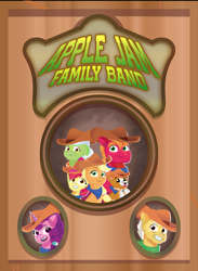 Size: 2108x2880 | Tagged: safe, artist:prixy05, apple bloom, applejack, big macintosh, grand pear, granny smith, sugar belle, winona, dog, earth pony, pony, unicorn, g4, g5, apple family, bandana, female, g4 to g5, generation leap, horn, male, mare, poster, stallion, text