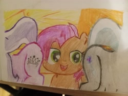 Size: 4096x3072 | Tagged: safe, artist:victoric1993, babs seed, diamond tiara, silver spoon, earth pony, pony, g4, my little pony: friendship is magic, one bad apple, colored pencil drawing, eyes on the prize, female, filly, foal, looking at butt, out of context, pencil drawing, raised tail, tail, traditional art