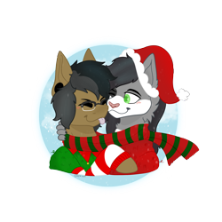 Size: 2048x2048 | Tagged: safe, artist:cat-the-horse, oc, oc only, pegasus, pony, sphinx, best friends, christmas, clothes, cute, hat, holiday, santa hat, scarf