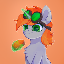 Size: 1280x1280 | Tagged: safe, oc, oc only, oc:soda sodovaya, unicorn, caviar, eating, female, food, glasses, glowing, glowing horn, horn, magic, mare, orange background, sandwich, simple background, smiling, steampunk