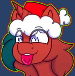 Size: 2560x2578 | Tagged: safe, artist:askhypnoswirl, oc, oc only, oc:midnight dusk, unicorn, christmas, commission, happy, hat, holiday, horn, icon, santa hat, smiling, tongue out, unicorn oc