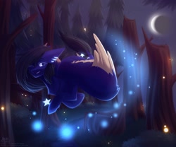 Size: 2560x2131 | Tagged: safe, artist:dedfriend, oc, oc only, firefly (insect), insect, pegasus, pony, female, flying, forest, jewelry, leonine tail, mare, moon, nature, necklace, night, solo, tail, tree