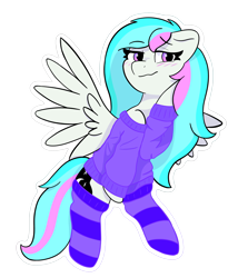 Size: 3279x4000 | Tagged: safe, artist:riley_draws_, oc, oc only, pegasus, pony, blushing, clothes, cozy, cute, cyan mane, pegasus oc, ponysona, purple eyes, simple background, socks, striped socks, sweater, transparent background, warm